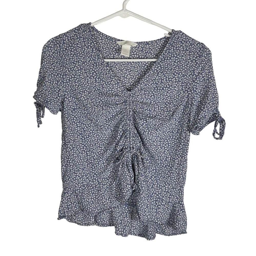 HM Womens Blue White Botanical Leaf Ruched Front V-Neck Blouse Top Size 4